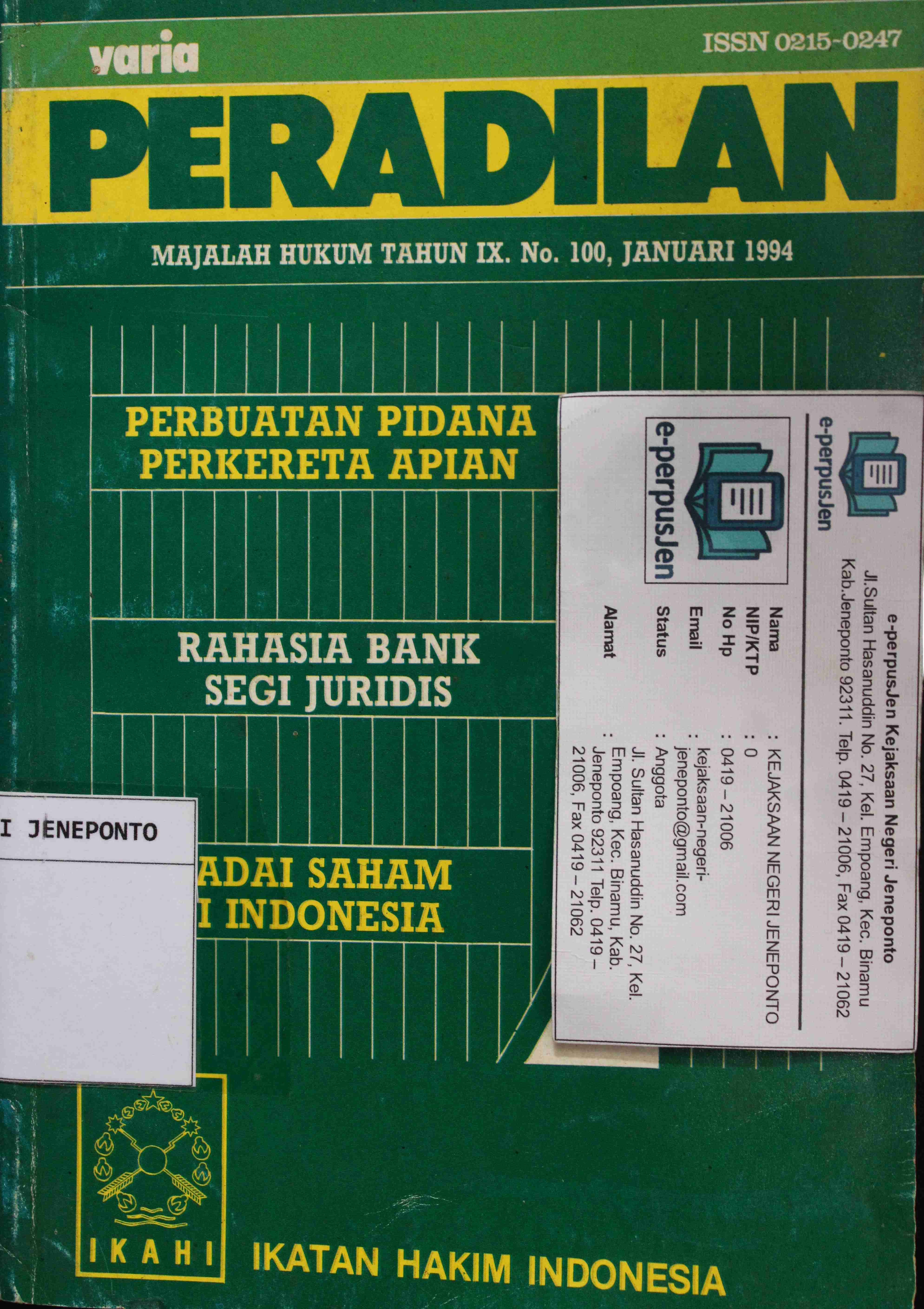 Varia Peradilan Majalah Hukum Tahun IX No 100 Januari 1994